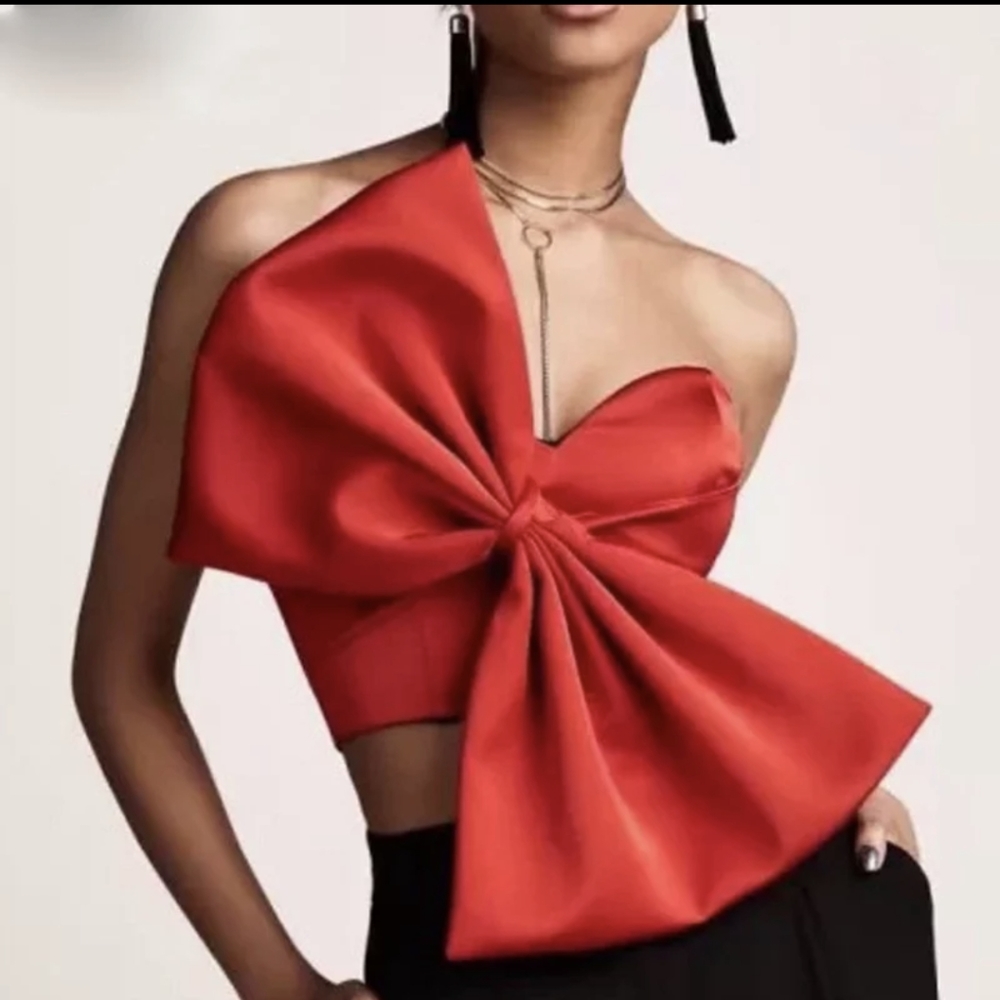 NWT Luxury Feminine Red Bow Summer Crop Top S: Small
